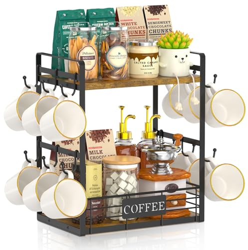 EsLuker.ly Tassenhalter und Tassenständer, Tassenregal für Kaffeetassen, Kaffee Organizer für Theke with 12 Abnehmbar Hooks, Coffee Station Organizer with Mug Holder, Platzsparendes Kaffeebar Zubehör