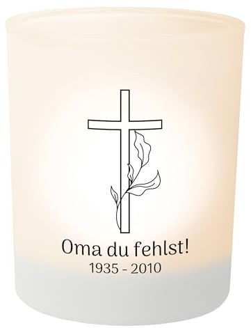 Personalisierter Teelichthalter Kreuz mit Blättern – Teelichtglas, Gedenklicht für Verstorbene, Geschenk für Trauernde - Trauerlicht personalisiert mit Wunschtext