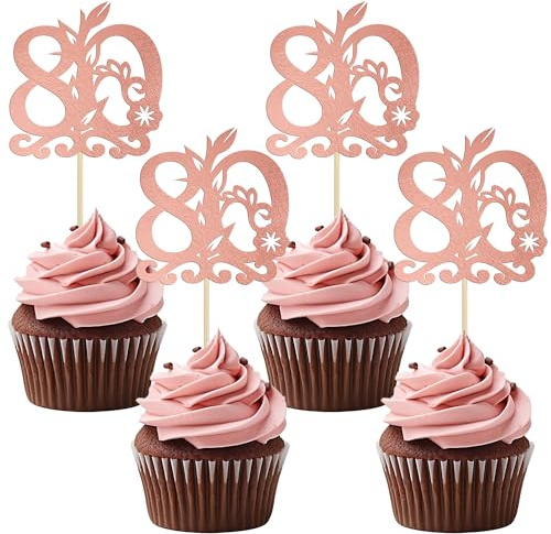 Gyufise 24Pcs Happy 80th Birthday Cupcake Toppers 80 Fabulous Cake Topper Cheers to 80 Cake Decoration for 80th Birthday Anniversary Party Decoration Supplies Rose Gold