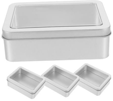 MAGICLULU 4pcs Tinplate Storage Boxes Window Lid Rectangular Metal Tins for Small Items Jewelry Candy Portable Tin Containers