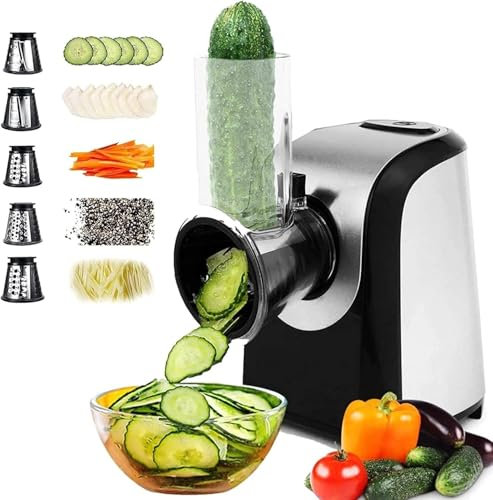 Cortadora de Verduras Eléctrica 5 en 1, 150W Rallador Multifunción con Tambores de Acero Inoxidable, Rallador de Cocina Eléctrico para Zanahorias, Patatas, Queso, Frutas y Ensaladas