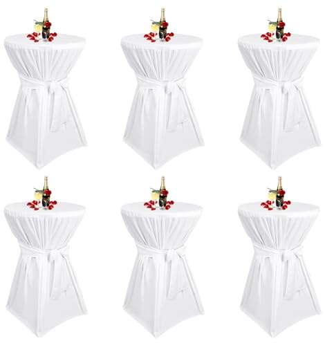 Teruntrue 6 Stück stehtisch hussen weiße,Stehtischhusse weiße für Ø 60-65 cm Stehtische und Bistrotische, Tischdecke aus Polyester mit Fußtaschen