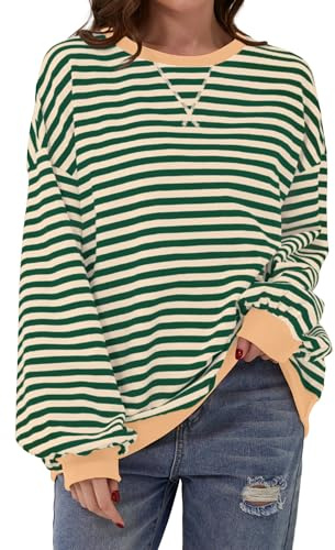 DUOEASE Jersey Mujer Otoño Cuello Redondo Manga Larga Rayas Camiseta Casual Oversize Sudadera Mujer Sin Capucha(Verde-Blanco XL)