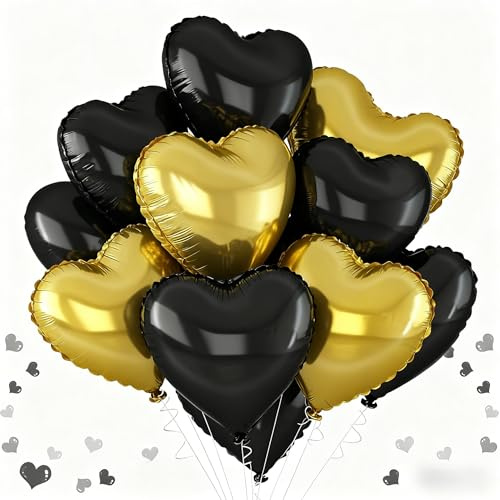 VGRDTW Heart Balloons, 12Pcs Black & Gold Heart Shaped Foil Balloons, 18Inch Aluminium Film with Ribbons for Wedding Birthday School Family Party Decorations (Party Organizer)