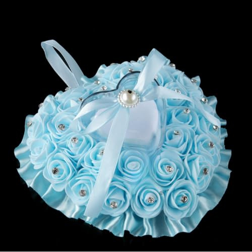 YKAFADE Hochzeitsringkissen,16 x 16cm Romantische Herzförmig Ringhalter Hochzeit Ringkissen Rosen Eheringkissen Ring Kissen Box Geschenk-Halter Deko Trauringkissen für Trauung Kirche -Hellblau