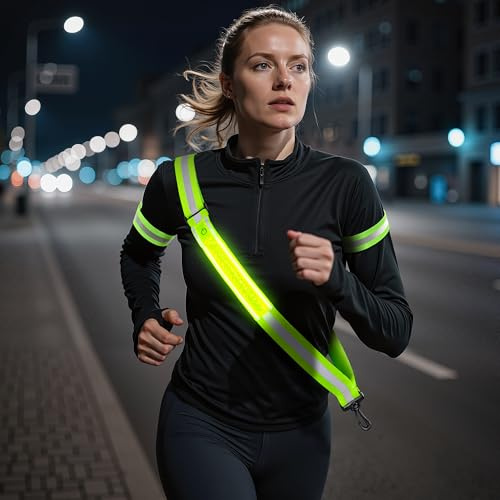 MUMUQ Lauflicht Joggen mit Reflektoren Gürtel, LED Reflektoren Kleidung | 360° Sichtbarkeit, Lauflampe, LED-Leuchtstreifen, USB-C aufladbar, Verstellbar (125-167 cm), für Läufer & Radfahrer