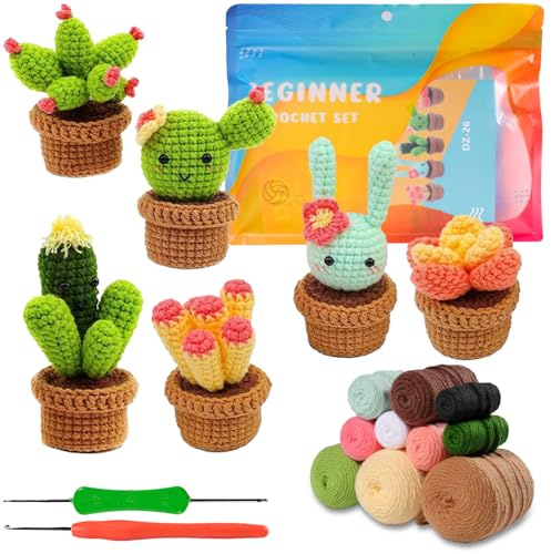 Crochet Kit for Beginners Adults,6 PCS Succulent Potted Plant Crochet Kit,Crochet Starter Kit,for DIY Handcrafts with Include Step-by-Step Video Tutorial, Crochet Hooks, Yarn, Hand Sewing Needle