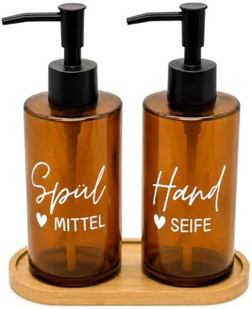 BoBoU 2er Set Glas Seifenspender Braunglas 320ml Retro Design Braune Glasflasche Mattschwarzer Pumpenkopf mit Tablett handgeschriebener Text Spülmittelspender Handseifenspender Küche Bad