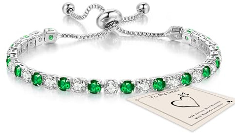 HEEYA Sterling Silver Tennis Bracelets Green Bracelets for Women, Silver Crystal Sister Friendship Green Bracelet, Adjustable Diamond Cubic Zircona Ladies Bracelet Birthday Gifts for Mum Her Girls