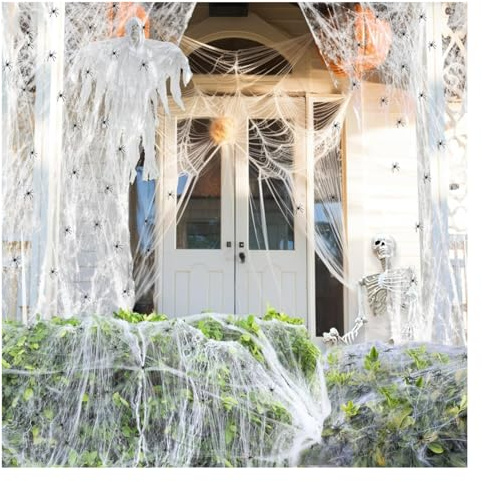 YAPO 300g Halloween Decorations Outdoor Spider Web Cobweb 60 pcs Fake Spiders, Stretchable Halloween Party Orament for Indoor Haunted House Decor Trick-or-treat Supplies Cover Up To 1400sft