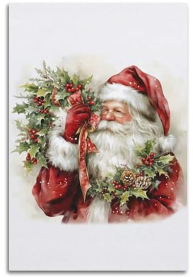 MEQKTQIMA Aquarell-Stil, Weihnachtsmann und Stechpalmen-Kranz, Weihnachtsgemälde, dekorative Malerei, Leinwand, Wandposter und moderne Familienschlafzimmer-Dekoration, 40 x 60 cm