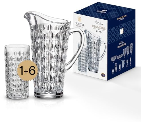 Crystal BOHEMIA Gläser-Set mit Wasserkaraffe – 1 L Glaskrug & 6 Trinkgläser je 260 ml, spülmaschinenfest, kratzfest & elegant – Kristallglas Set für Wasser, Longdrinks & Softdrinks
