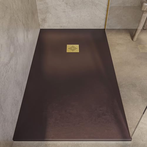 SoulHome Duschwanne Kunstharz 140x90 Schokoladenbraun Goldenes Ablaufgitter | Rutschfest C3, extraflach, Mineralguss, Schieferstruktur, antibakteriell, Gel-Coat-Beschichtung, inklusive Ablaufgarnitur