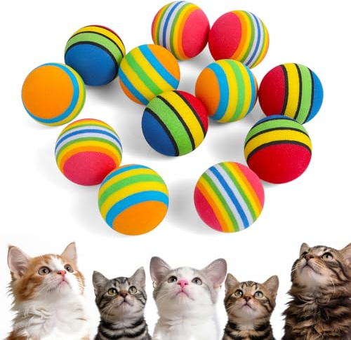 DOPENSPI 12 Stück Rainbow Streifen Katzenspielzeug Bälle,3.5cm Katzenbälle | Interaktiver Großes Spielbälle für Katzen Weicher Schaum für Indoor Outdoor Pet Cats Puppy Sports Unterhaltung