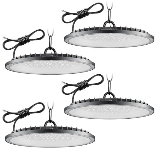 200W 4 Stück LED Hallenstrahler,6500K Werkstatt Deckenleuchte mit 50cm Kette,20000LM Superhelle LED Werkstattlampe,IP65 Wasserdicht UFO Industrielampe,High Bay Licht für Garage Fabriken Lager