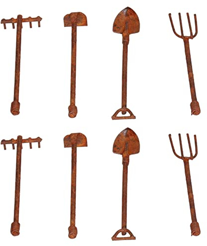 CDQL 8Pcs 1:12 Scale Dollhouse Farming Tools - Simulation DIY Metal Miniature Shovel, Hoe, Rake and Pitchfork Set for Garden Landscape Photographic Props (-2013210219211)