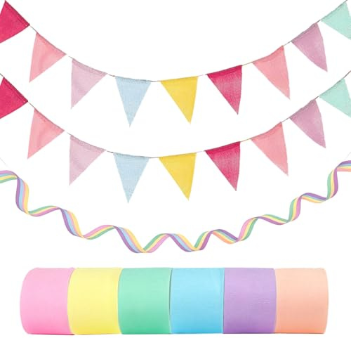 6 Rollen Krepppapier Bunt + 2 Stück Wimpelkette, Macaron Pastell Luftschlangen & Dreiecksgirlande, Party Deko für Geburtstag, Hochzeit, Gartenparty, Brautparty, Jubiläum