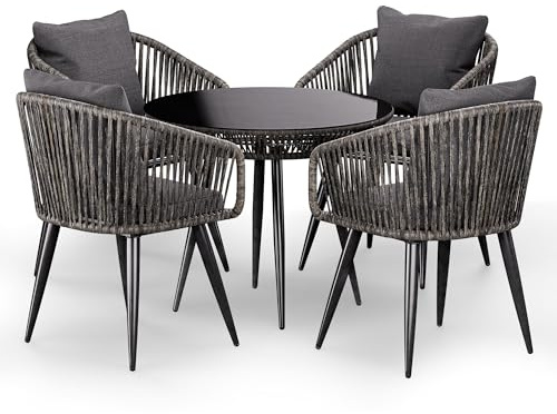 di volio Gartenmöbel-Set Polyrattan mit rundem Glastisch Outdoor Rieti | Verzinkter Stahlrahmen, gehärtete Glasplatte, Nivellierfüße, UV-beständig, kratzfest, pflegeleicht
