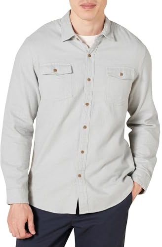 Amazon Essentials Men's Slim-Fit Flannel Long-Sleeve Button Down Shirt, Two-Pocket, 100% Cotton, Plaid, Light Grey Heather, Medium