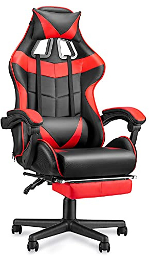 Soontrans Silla para videojuegos ergonómica, acolchada, con reposapiés, cojín lumbar, respaldo ajustable de 90 a 135°, soporta hasta 150 kg, para transmisión en directo, videojuegos, oficina, rojo