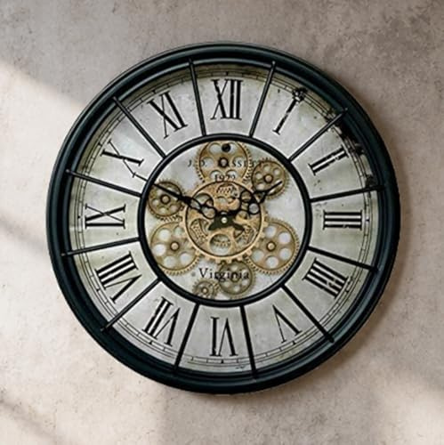 K&L Wall Art 46cm große Zahnrad Wanduhr Vintage Schwarz-Gold Wanduhr mit bewegenden Zahnrädern industrielle Zahnraduhr aus Metall XL