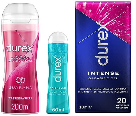 Durex Play Gleitgel Mixpackung für Frauen & Männer - Set mit Gleitmittel Guarana 200ml, prickelndem Gleitgel 50ml und Orgasmic-Gel 10ml auf Wasserbasis - 260 ml (3er Pack)