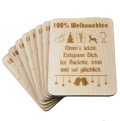 8 Stück Raclette Untersetzer mit Lasergravur100% Weihnachten aus Buchenholz, 100x80x7mm