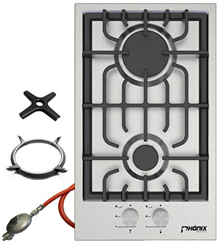 Phönix Domino-SL Plaque de cuisson à gaz en acier inoxydable 2 feux propane/gaz naturel + régulateur de tuyau de gaz + embout wok