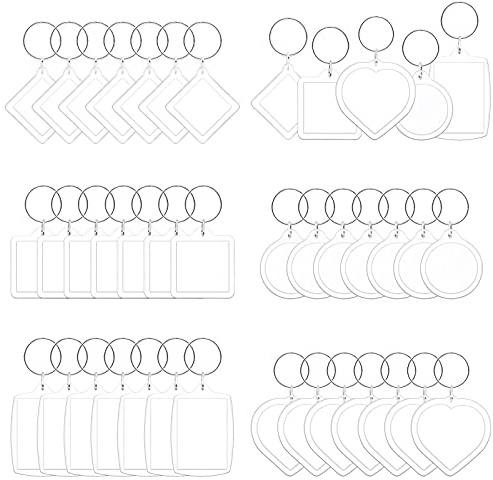 Keadic Lot de 40 porte-clés en acrylique avec cadre photo - Porte-clés personnalisé transparent - Cœur rectangulaire - Rond et carré - Convient pour les œuvres d'art