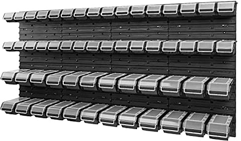 PAFEN Stapelbox Wandregal - 1544 x 780 mm - Lagersystem 56 Stück Boxen mit Deckel - Lagerregal Sichtlagerkästen Schüttenregal, Schwarz
