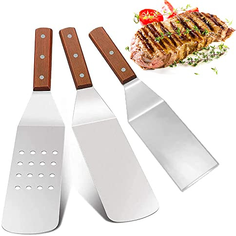 3 Stück Pfannenwender Edelstahl Set, Grillwender Set Edelstahl, Grillwender Holzgriff, Pfannenwender Metall, Antihaft, Anti-Rost, Holzgriff, für Grill, Küche, Outdoor, Kochen, Teppanyaki