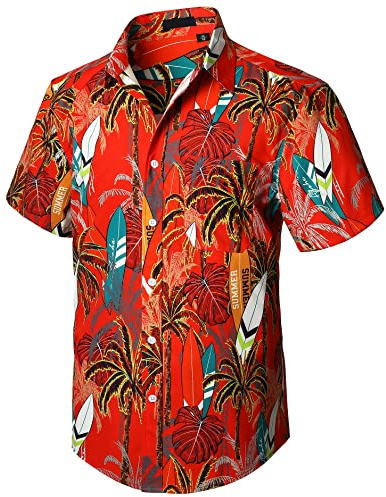 Enlision Camicia Hawaiana Estiva Manica Corta Uomo Fantasia Hawaiane Palme Camicia per Uomo Estiva con Tasca Frontale da Estate Matrimonio Hippie Rosso L
