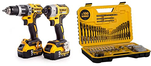 DEWALT DCK266P2T-GB XR Combi Drill and Impact Driver Brushless Kit in TSTAK Box, 1 W, 18 V, Yellow/Black & Combination Drill BIT Set 100 Piece Set DT71563-QZ, Black