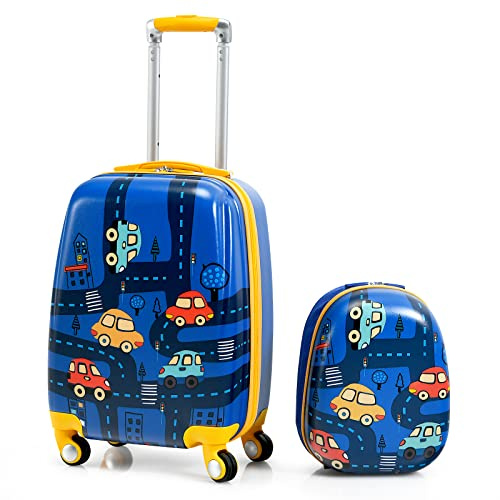 GOPLUS Valise Enfant Fille Garçon, Valise Enfant 18” ＆Sac à Dos 12”, Trolley à roulettes ABS, Hauteur de Poignée Réglable, Valise de Voyage Bagage Cabine en Vol (Voiture)