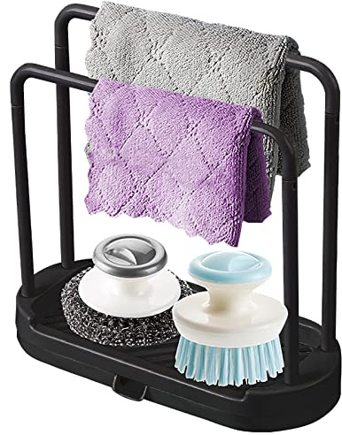 MUUBOOX Kitchen Sink Rack Tray Organizer Stand for Sponge, Dish Cloth, Rag, Brush, Scrubber Storage and Organization (Black)