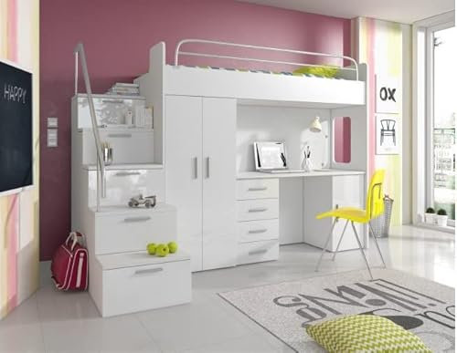 Generisch Hochglanz Hochbett mit Schreibtisch TOMI 4S - Schrank und Regal in den Treppen (Weiß + Weiß Glanz, Mit Matraze und Matrazenrahmen)