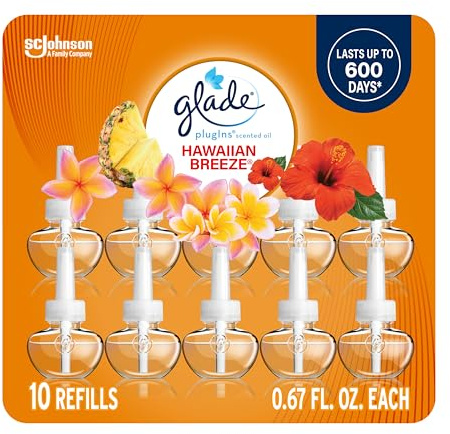 Glade PlugIns Refills Air Freshener, Scented and Essential Oils for Home and Bathroom, Hawaiian Breeze, 6.7 Fl Oz, 10 Count