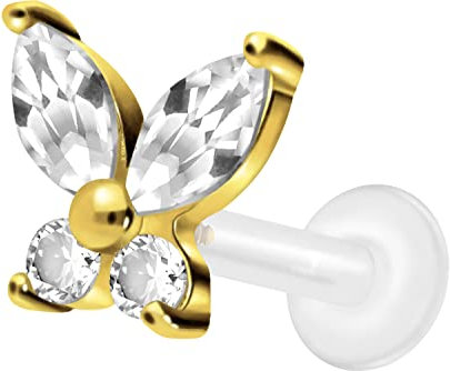 PIERCINGLINE PTFE Labret mit Gewinde Titan Aufsatz KRISTALLSCHMETTERLING Piercing Lippe Nase Ohr Helix Tragus Medusa Goldfarben 1,2 x 8 mm