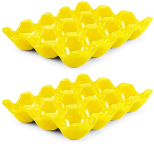 Flexzion Support à œufs en céramique 12 places - Plateau en porcelaine pour douzaine, rangement et présentoir décoratif pour réfrigérateur et plan de travail - Lot de 2 (Jaune)