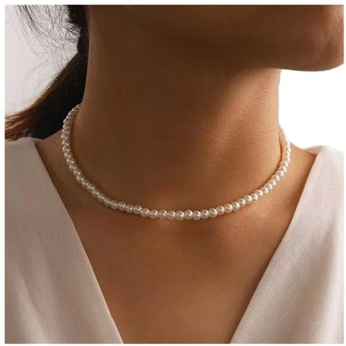 Dervivea Vintage Perlenkette Choker Kleine Perlenkette Halskette Weiße Perle Choker Halskette Runde Perle Charme Halskette Kette Schmuck Für Frauen Und Mädchen