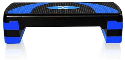MAXSTRENGTH Stepper d'aérobic – Marchepied d'exercice réglable en hauteur | 3 x à 5 niveaux de hauteur 10, 15, 20, 25 et 30 cm | Marchepieds d'exercice antidérapants pour cardio (bleu, 3 niveaux)