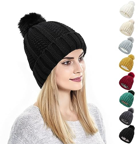 Kunyeah Women's Winter Beanie Hat with Pompom, Satin Silk Lined, Warm Solid Color Hat for Women Girls (Black)