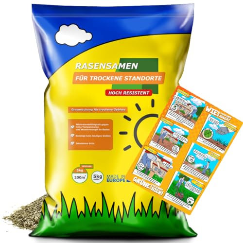 Rasensamen 5kg für Trockenrasen & Schattenrasen für 200m² - Samen Trockenheitsresistente - Rasen schnellkeimend - Grassamen verbraucht 20% weniger Wasser - Robust Gras - Samen für Neuansaat & Nachsaat