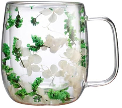 Dried Flowers Cups, Dry Flowers Double Walled Coffee Mugs 350ml Insulated Thermal Coffe Glasses Large Tea Cups Clear Glass Cups for Latte Cappuccino Macchiato Hot Or Cold Drinks