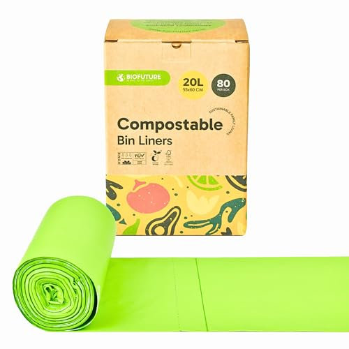 Biofuture 20L Biodegradable Bin Liners | Compostable Food Waste & Food Caddy Bags | EN13432 Certified Green Bin Bags for Food Waste & Recycling (80 Liners, 20L)