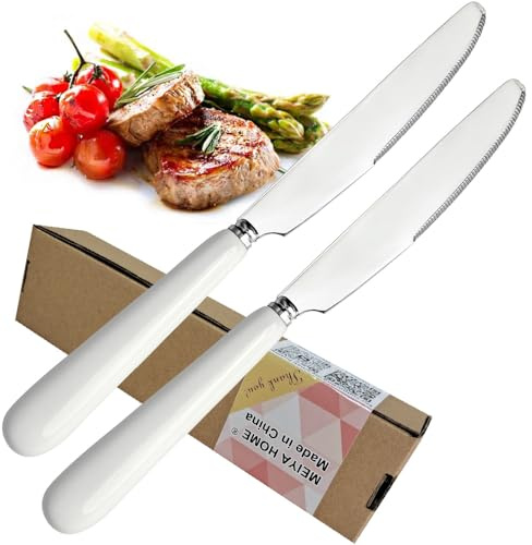 MEIYAHOME Coltello da bistecca con manico in ceramica bianca, lama in acciaio inox S42000, coltelli da tavola per hotel, 22cm, finitura lucida a specchio (2 coltelli coltello da pranzo)