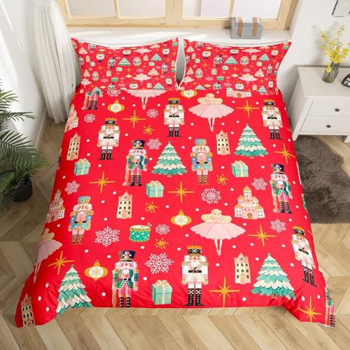 Homewish Red Christmas Single Duvet Cover,Christmas Nutcracker Comforter Cover,Girly Dreamy Princess Bedding Set,Xmas Pine Tree Snowflake Quilt Cover,Red