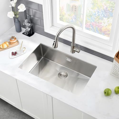 Fregadero de cocina de acero inoxidable, 70 x 40 cm, fregadero de exterior de una cubeta bajo encimera para autocaravana con silenciador, accesorios de escurridor, instalación empotrada o sobre enci