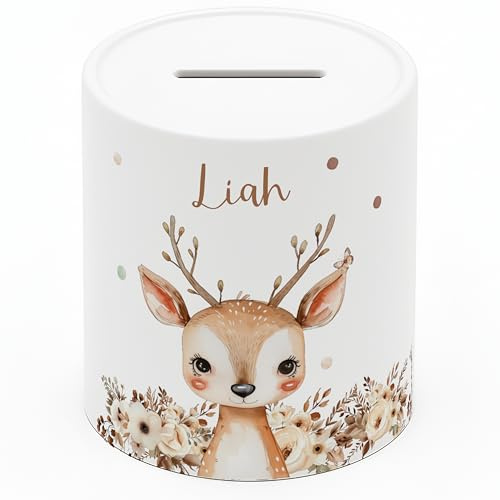 Personalisierte Spardose Kinder mit Namen – Keramik Sparschwein als Taufgeschenk, Geburtstagsgeschenk & Einschulungsgeschenk – Spardose Mädchen & Jungen, Geschenke zur Taufe - REH (8x9,5 cm)