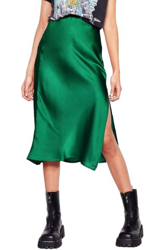 SIPEIEN Jupe en Satin pour Femme - Taille élastique Longue Taille Haute Élégante Ourlet divisé Jupe midi d'affaires,Drak Vert,M